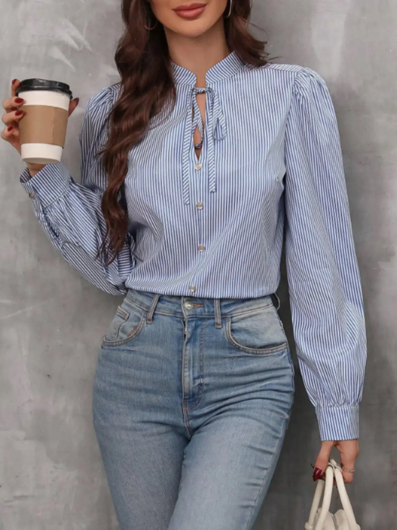 Women's Striped Stand Collar Tie Long Sleeve Shirt, Front Button Bubble Sleeves, Casual Office Wear, Loose Fit Blouse