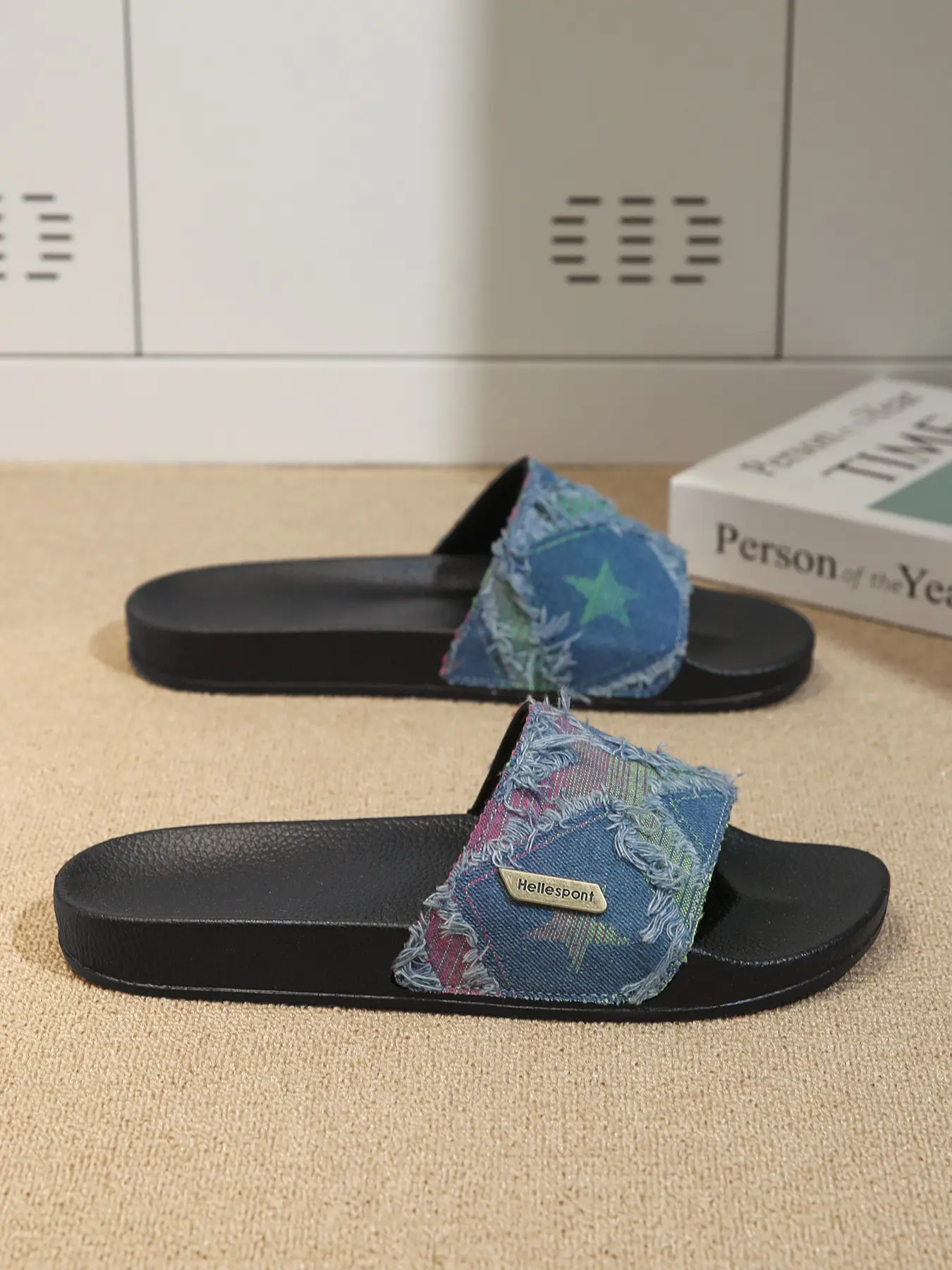 Vintage Edge Denim Sandals, Summer Slippers, Slide, Star Print & Metal Logo, Comfortable Eva Sole, Slip-On Design, Perfect for Casual Wear, Retro Style