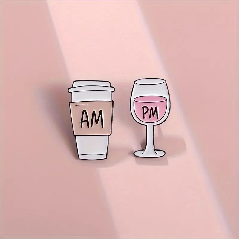 2D Flat, Designed Acrylic Brooch, 2D Plane Acrylic Brooch, 2pcs PM Red Wine And AM Coffee Cute Cartoon Series Badge Cartoon Easy Style Brooch Jewelry - Perfect Gift for Friends And Family Fashion Clothing