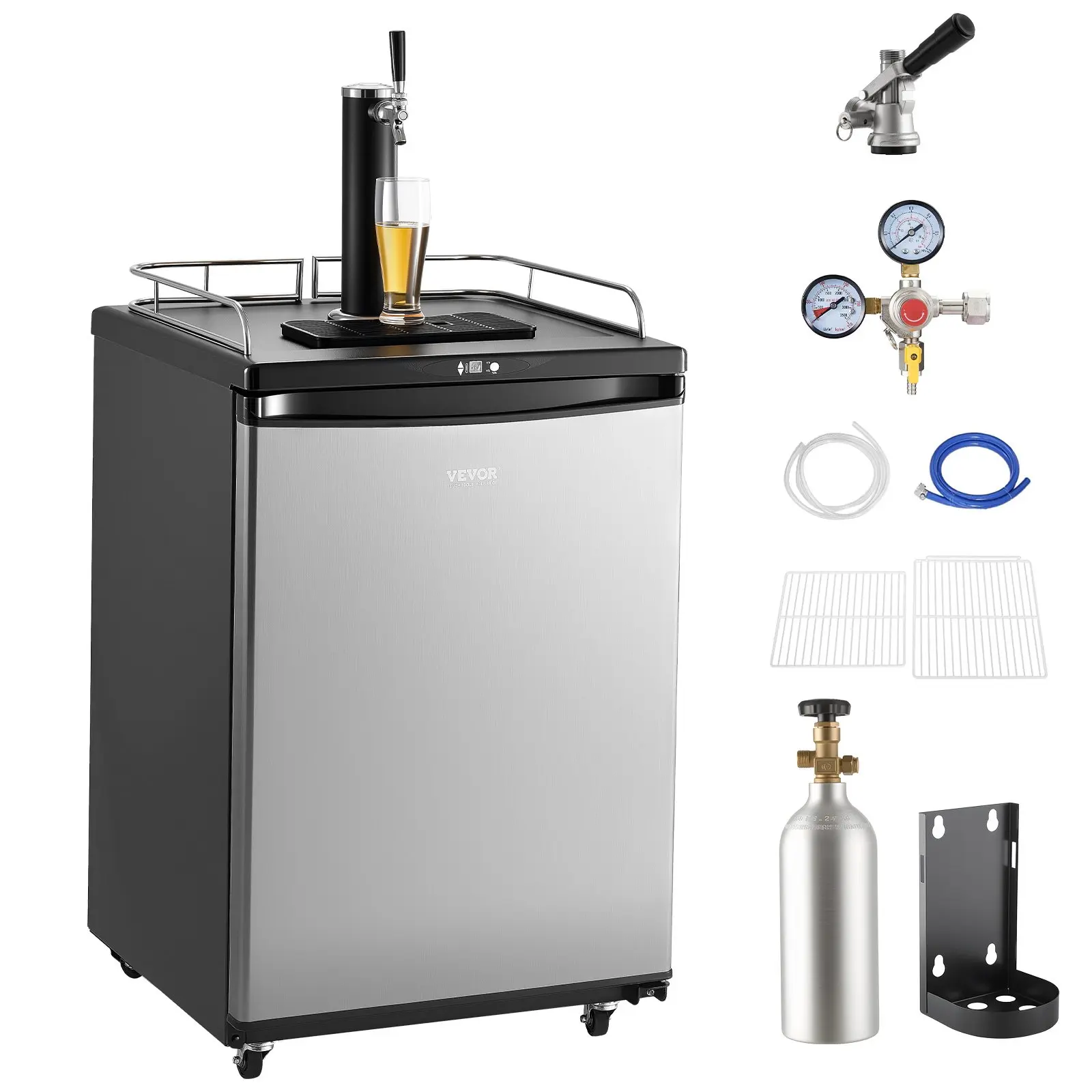 VEVOR Single Tap Beer Kegerator, Full Size Large Capacity Refrigerator with Cooling System, Shelves, CO2 Cylinder, Drip Tray Rail, 32F-75.2F Temperature Control, Holds 1/6, 1/4, 1/2 Barrels, Silver Single Tap Draft Kegerator