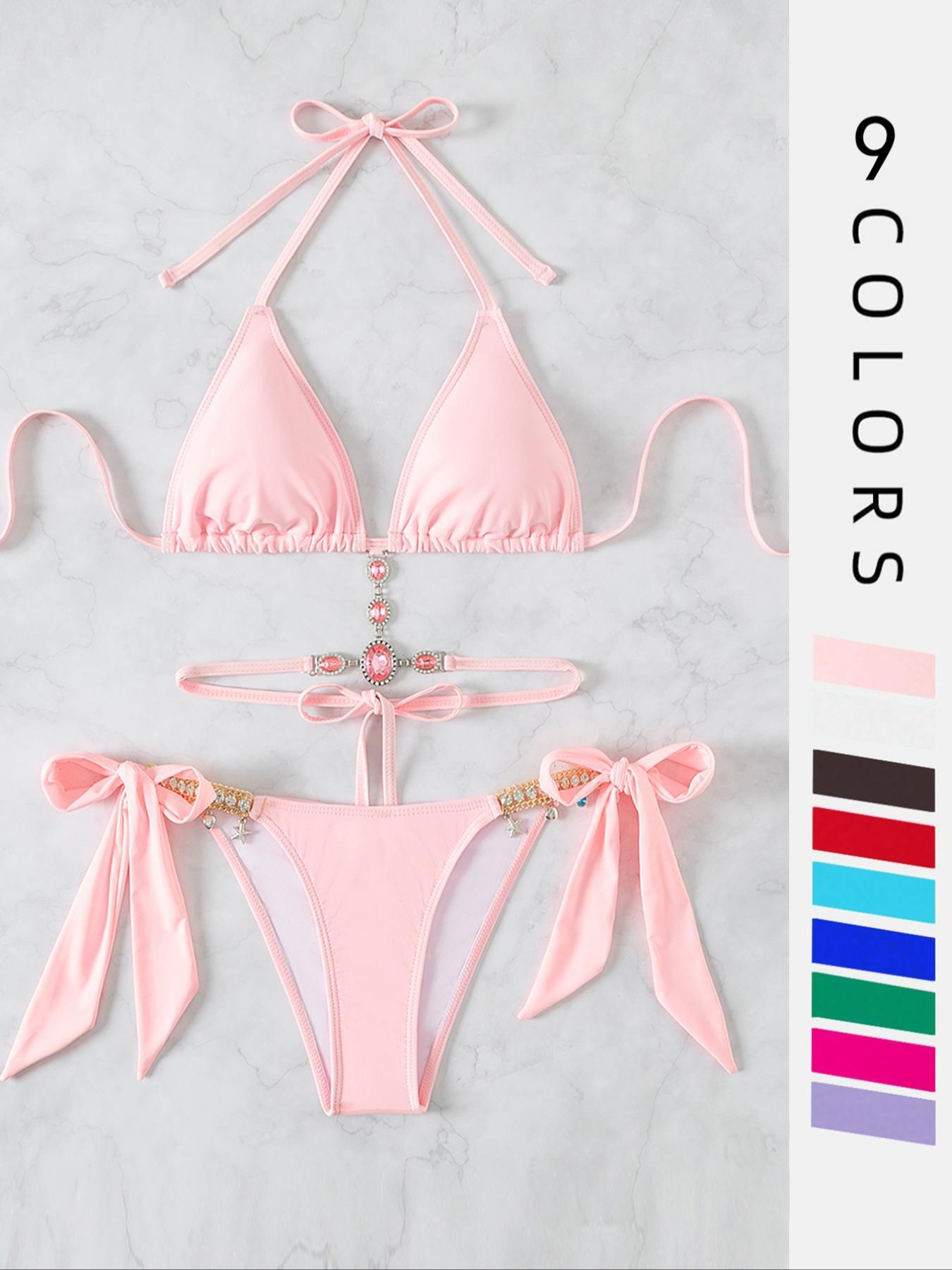 Women's Halter Tie Back Triangle Bra & Ring Linked Panty Bikini Set, Sexy Trendy Summer Swimsuit Set, Ladies Swimwear Rave Outfits, Beach Bikini Set, Solid Color Triangle Bikini Swimsuit Set,Women's Triangle Bikini with Back Tie,