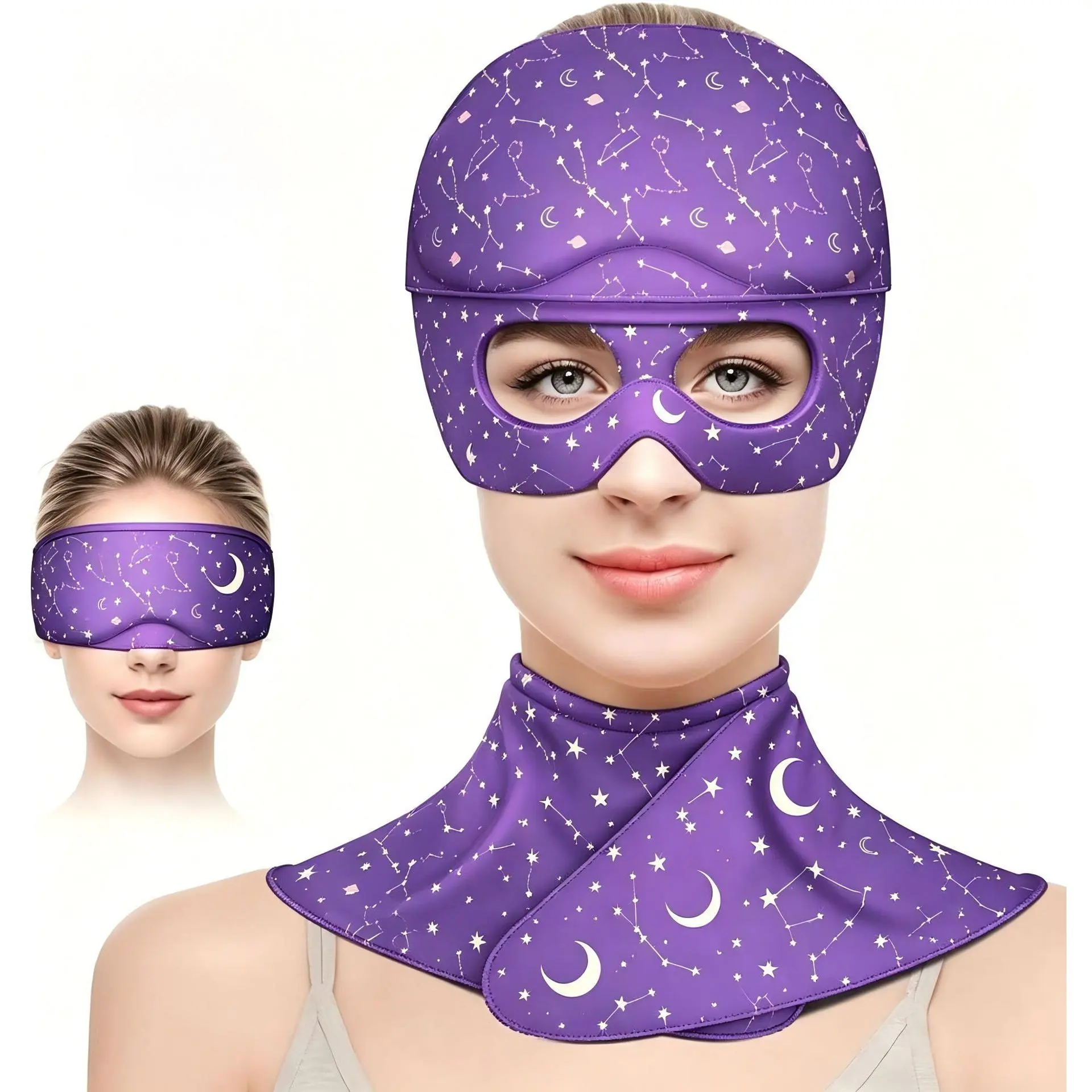 Starry Moon Print Detachable Migraine Ice Head Wrap Reusable Hot Cold Therapy Gel Hat Adjustable Full Head Neck Eye Compress Wrap Instant Headache Stress Relief Self Care Wellness Essential For Tension Migraine Sleep Relaxation