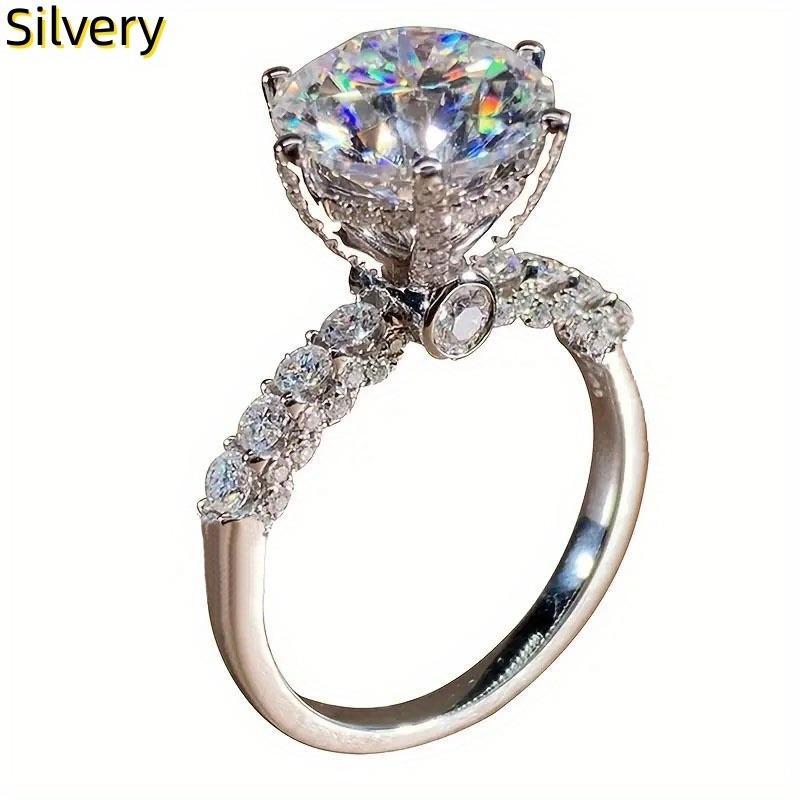 Elegant Silvery Engagement Ring with Luxury Sparkling Cubic Zirconia, Timeless Design for Wedding Promise Anniversary Holiday Gifts