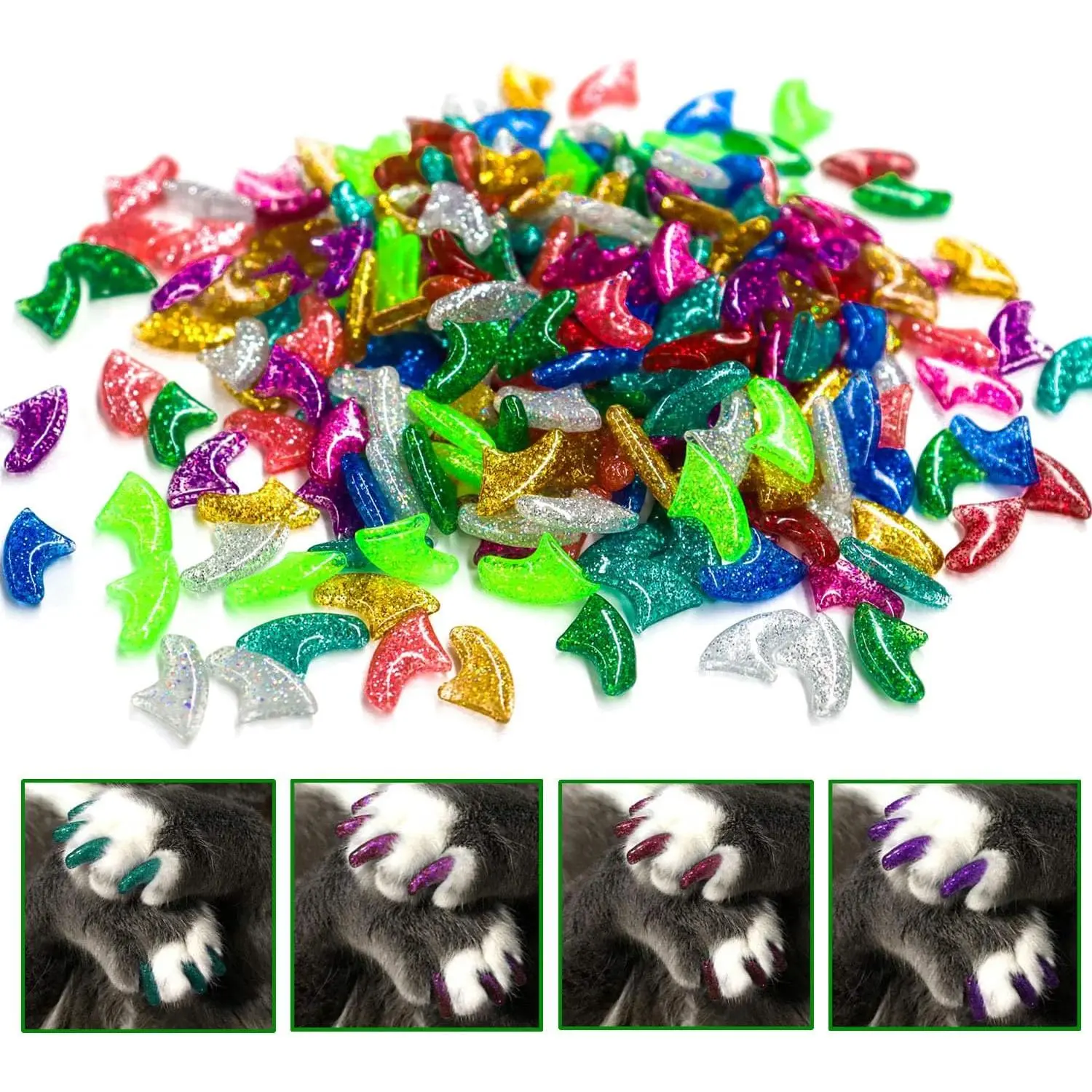 10 Colors| 100pcs Cat Nail Caps Glitter Cat Claw Caps Kitten Caps with Adhesives and Applicators (XS)