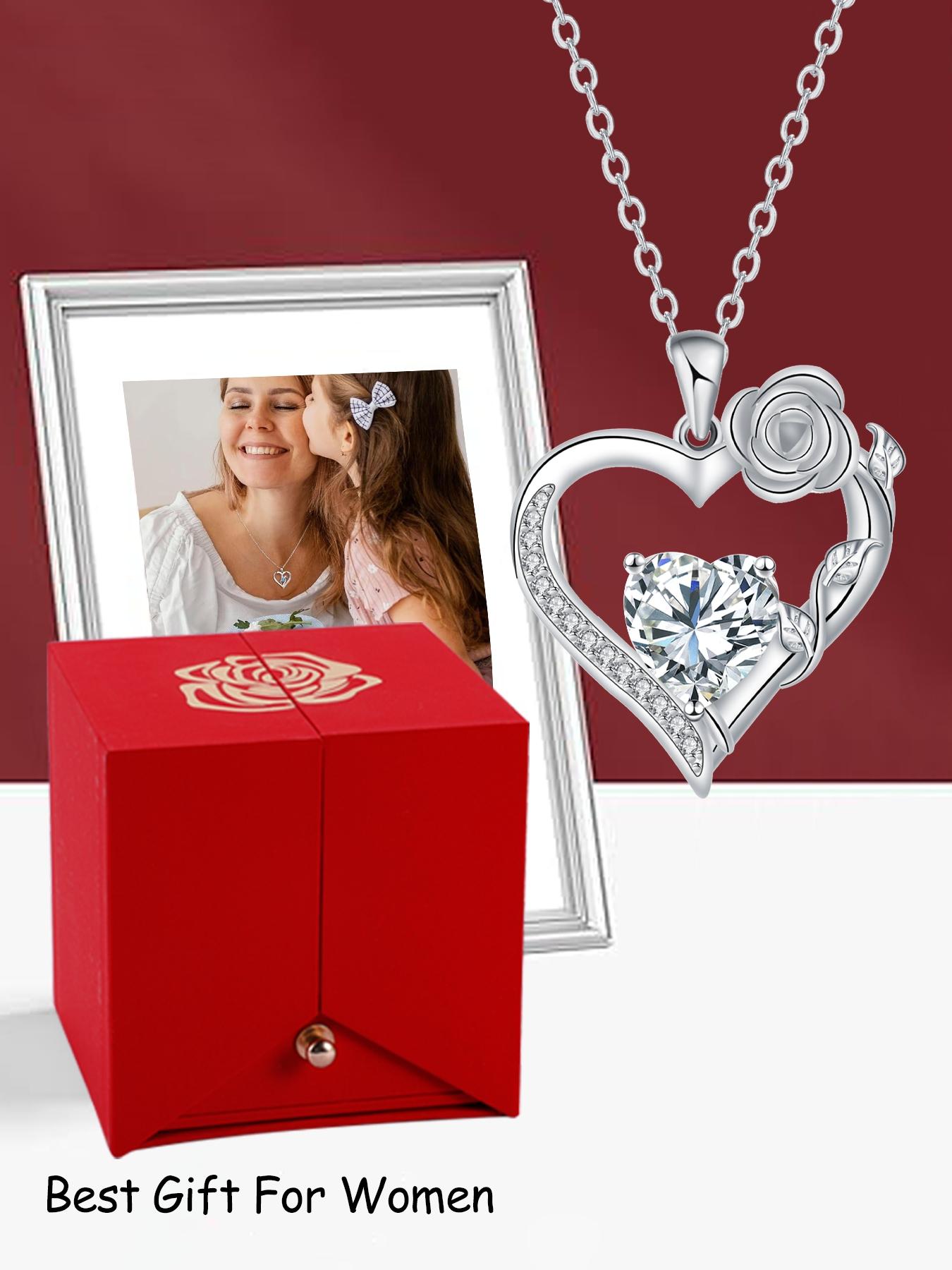 Rose Flower Heart Pendant Necklace With Rose Jewelry Gift Box, Exquisite Jewelry Gift, Anniversary Valentines Day Necklace Gift for Wife Girlfriend, Birthday Gifts for Mom Daughter, Heart Design Necklace