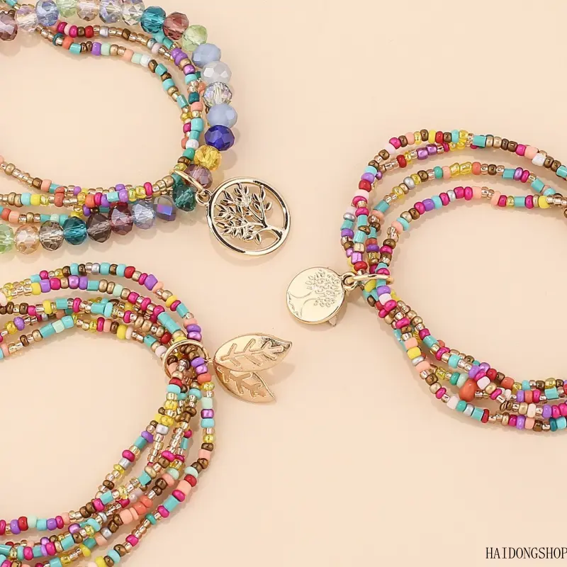 Bohemian Viral Coastal Summer Handmade Colorful Seed Bead Ankle Bracelet For Women, Heart Leaf Charm Adjustable Foot Chain, Hippie Dainty Accessory For Beach Travel Pool Daily Styling
