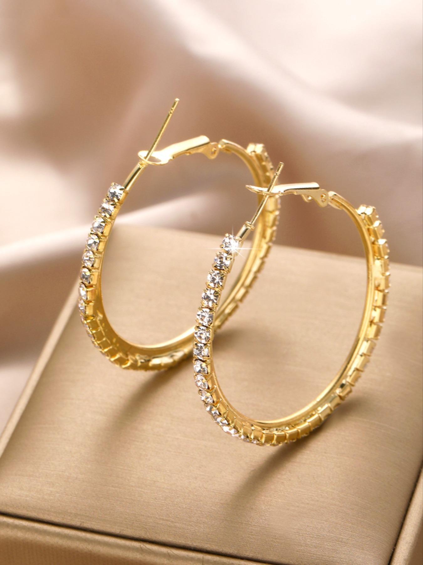 1 Pair Women's Elegant Rhinestone Decorated Hoop Earrings, Casual Trendy Hoop Earrings, Fashionable Jewelry for Party & Daily Decoration