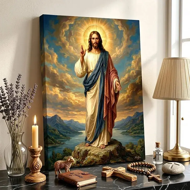 Lord Jesus Painting Canvas, Catholic Wall Decor, Christian Gifts, Blessing Savior Poster, Sacred Heart Print, Large Church Wall Art, Faith