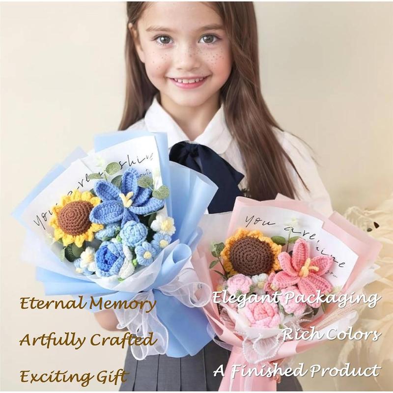 Crochet , Crochet Flower Bouquet, Crochet Sunflower,  Roses Handmade Knitted , Carnation, Preserved Flower for Mother's Day, Valentine's Day, Birthday, Graduation (Pink)