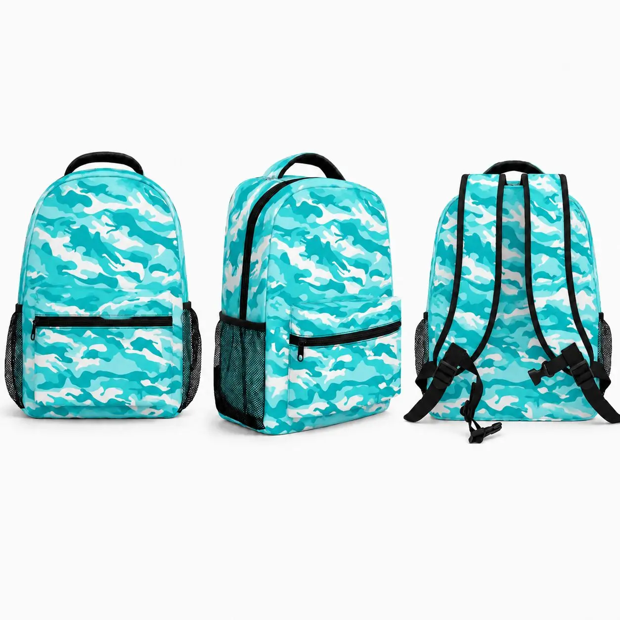 Aqua Blue Camo Kids School Backpack, Cool Camouflage Bookbag for Boys Girls with Front Zipper Pocket, Dual Side Mesh Pockets and Top Handle, Elementary Middle School Student Daypack for Back to School, Classroom, Travel, Outdoor Trips and Daily Use