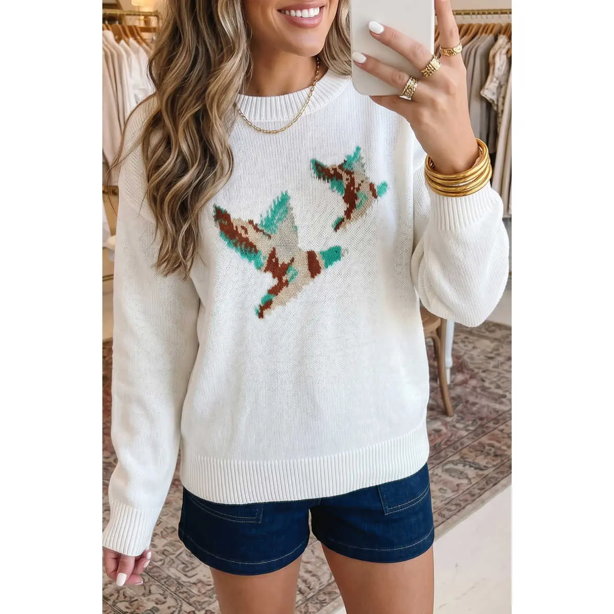 White Drop Shoulder Round Neck Long Sleeve Pullover Sweater