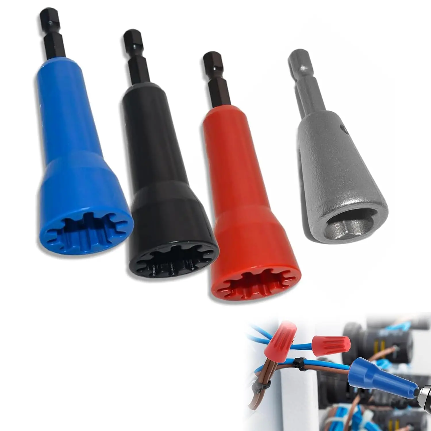 4 count Wire Nut  Spin Twist Wire Connector Socket Wire  Tool for Drill with 1/4" Chuck Wire Twisting Spinner for Electrical Power Drill Compatible with 9 to 22 Awg and 2 to 7 Ways Wire