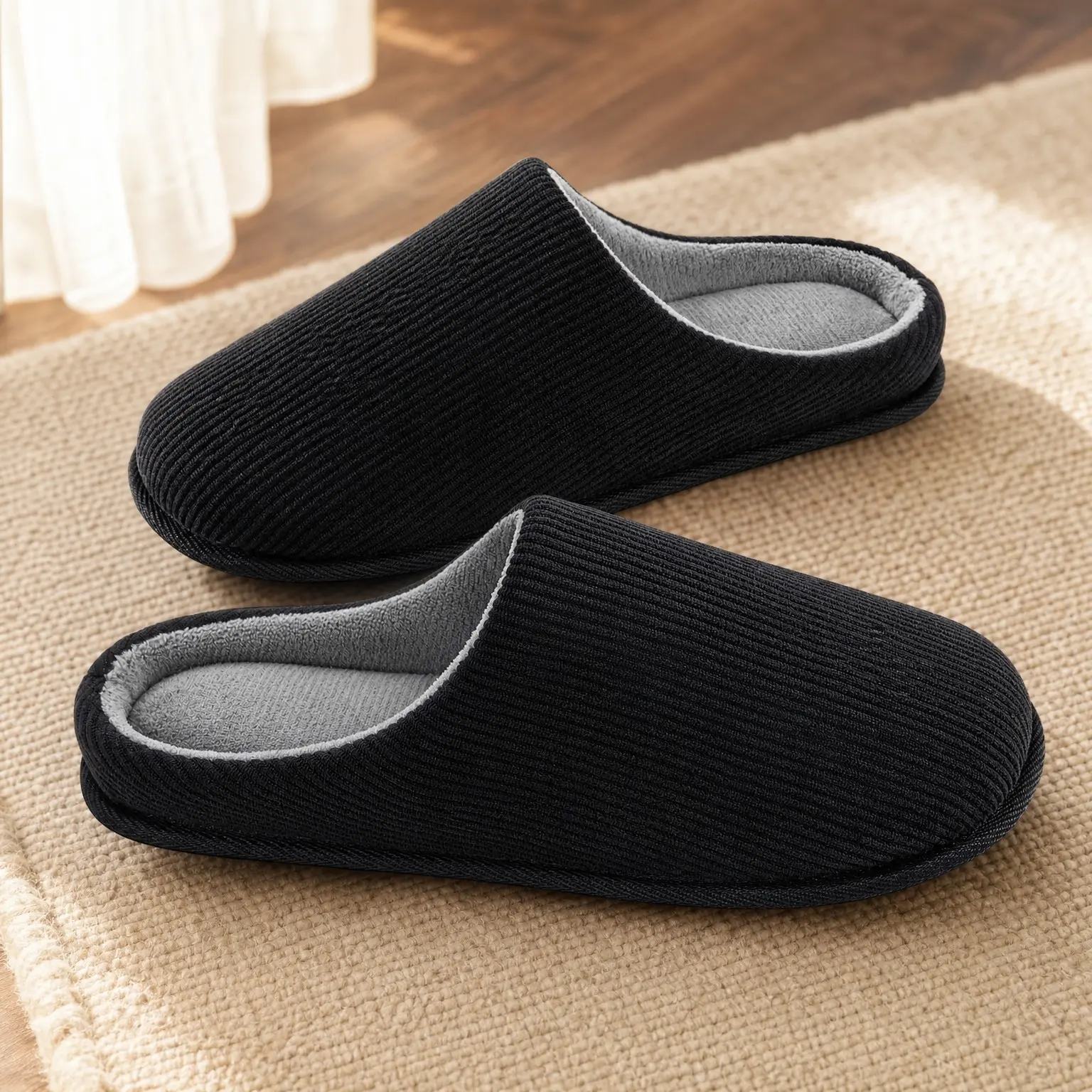 Men's Cozy Corduroy Slip-On House Slippers with Memory Foam - Supportive, Non-Slip, Indoor Outdoor, Breathable, Lightweight, Machine WashableGift