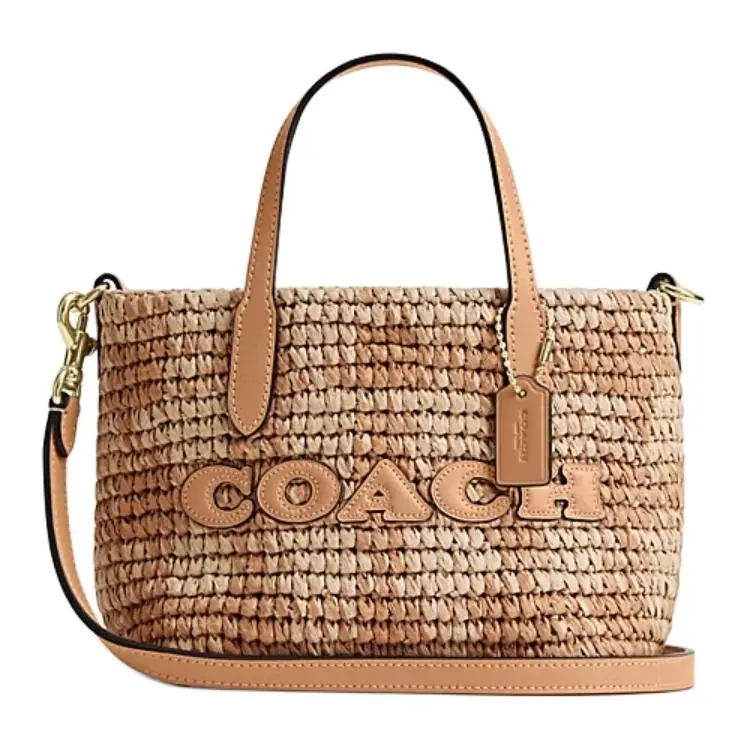 COACH City 15 Logo Embossed Woven Tote Bag for Women, Mini, Tan