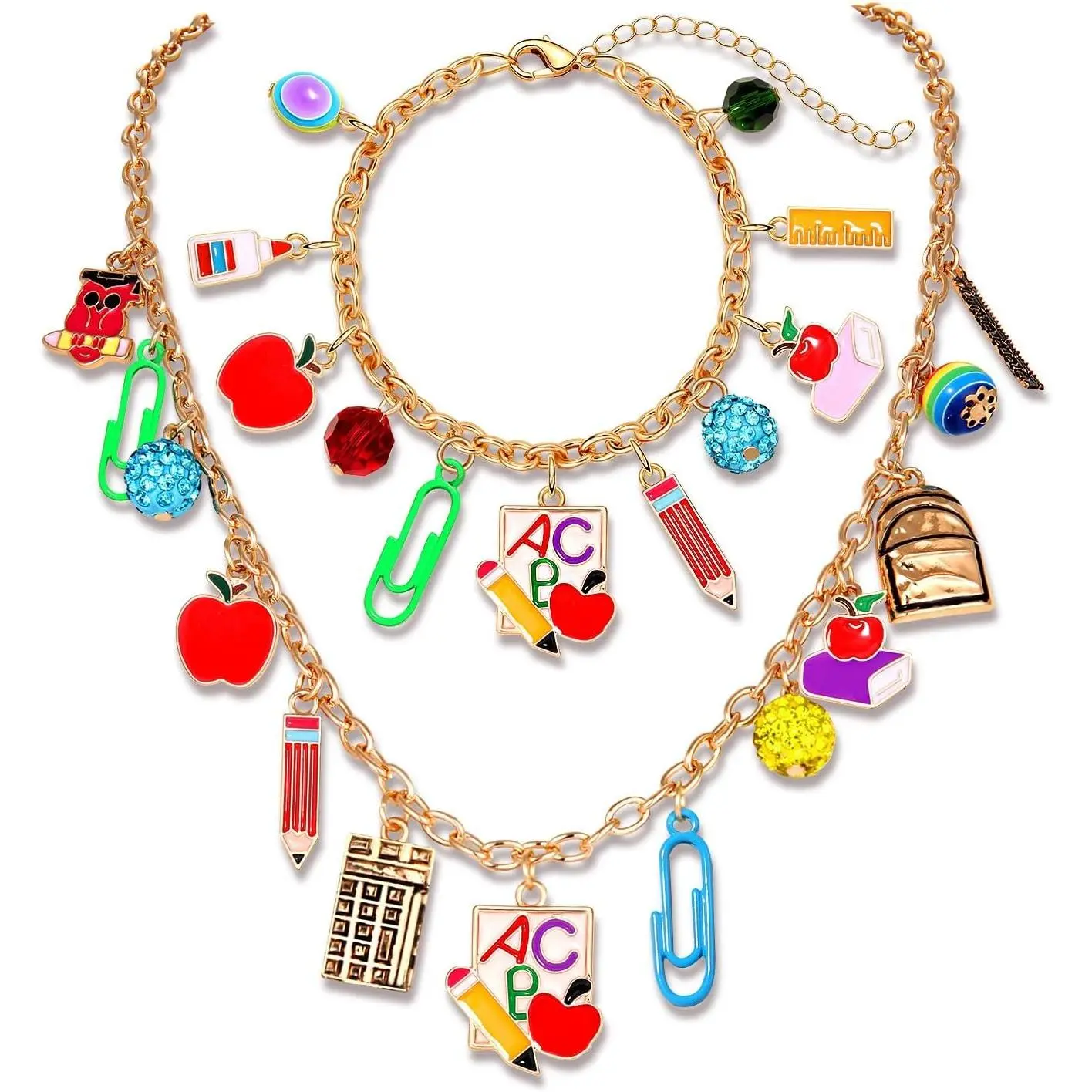 Teacher Necklace Earrings Bracelet for Women, Teacher Accessories, Cute Apple Pencil Book Charms Bracelet Choker Necklace Apple Earrings Teacher Appreciation Gifts Back To School Jewelry