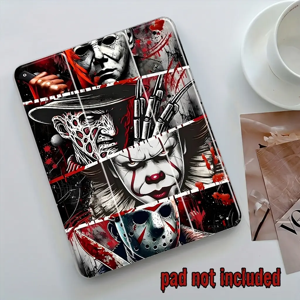 Horror Movie Character Collage Design iPad Case, Transparent Acrylic Stand Cover, Pencil Holder & Charger Slot, Fits iPad Pro/air/mini, Shock-resistant Full Cover Protective Case Suitable for Offices Schools and Homes, Durable Tablet Casing (Case Only)