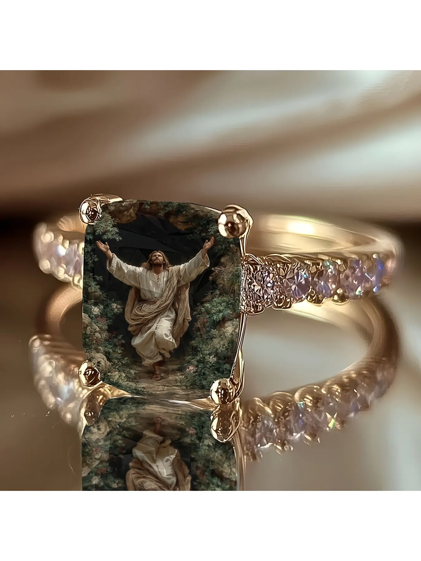 Gold diamond-encrusted square-cut glass ring. Religious figure landscape printed ring. Carrying faith, conveying meaning. Retro and devout atmosphere. Commemorative decorative accessory.