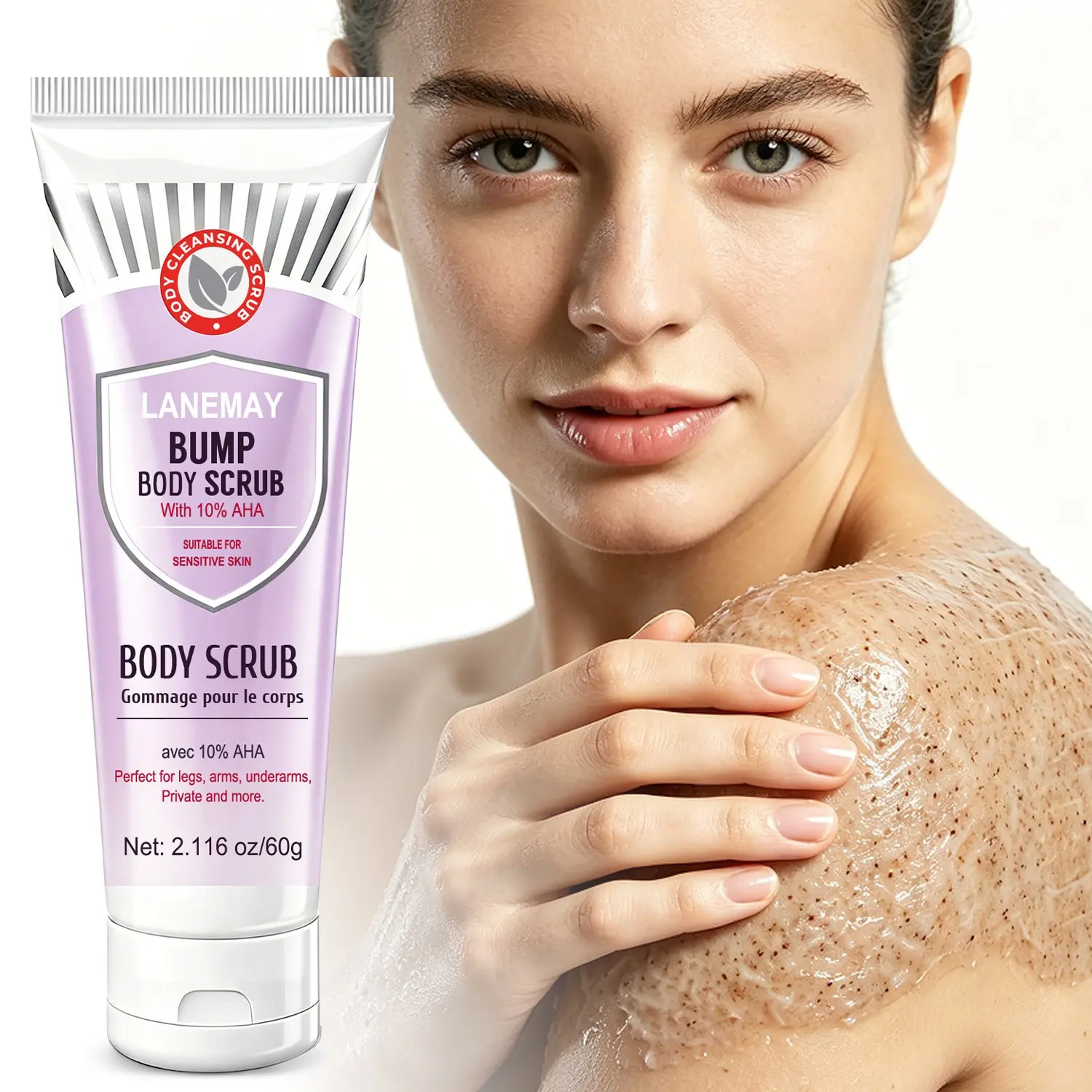 60g 10% AHA Body Scrub with Sea Salt, Coconut Shell Powder, Aloe Vera - Deep Exfoliation, Soft & Silky Skin, Brightens Dullness, Smooths Rough Texture - For Legs, Arms, Underarms & More, Suitable for Sensitive Skin