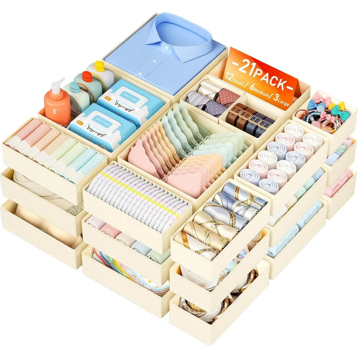 Drawer Organizer Clothes Storage - 21 Pack Baby Dresser Organizer for Nursery Closet Organization, Fabric Drawer Organizer Bins for Underwears Socks Bras, Foldable Storage Dividers for Bedroom