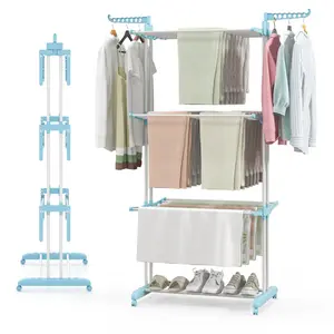 Blue Foldable Clothes Drying Rack 4-Tier Metal Laundry Hanger Stand with Wheels for Indoor Outdoor Drying and Storage