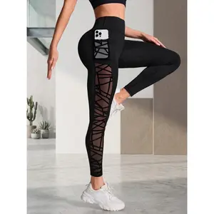 Women's Contrast Mesh Sheer Cut Out Leggings, Casual Comfy Breathable Skinny Pants for Yoga Gym Workout, Ladies Bottoms for All Seasons, Comfy Stretchy Leggings, Breathable Activewear Bottoms