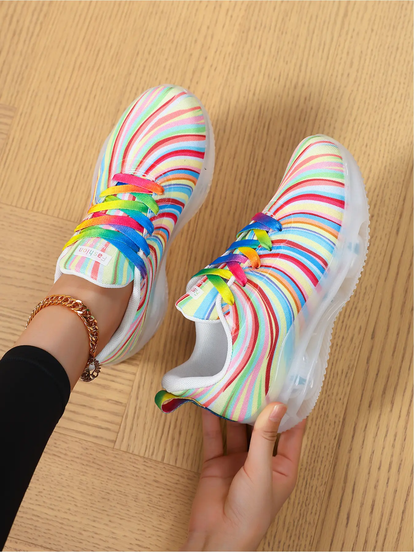 Women's Rainbow Gradient Fashionable Lace Up Sneakers Casual Trendy Trainers Comfortable Flat Shoes for Daily Wear