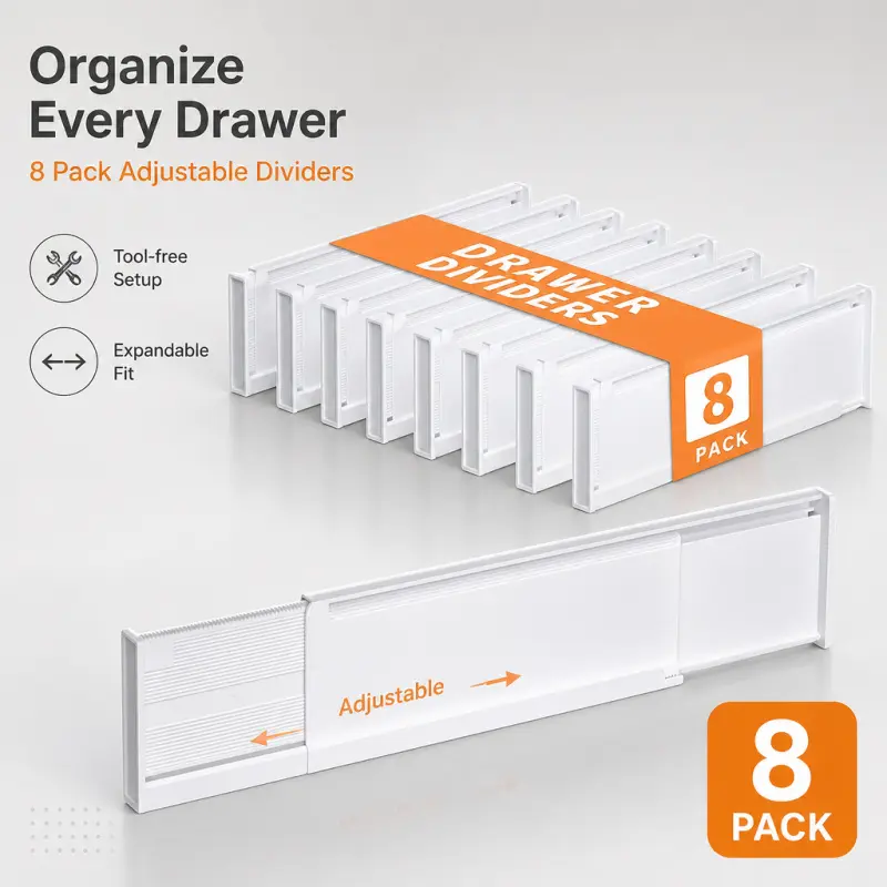 8 Pack Expandable Drawer Dividers, Tool-Free Adjustable Plastic Separators, Non-Slip Design For Kitchen Utensils, Clothes, Cosmetics, Office Supplies, Neat Storage Organizer For Bedroom And Bathroom Drawers