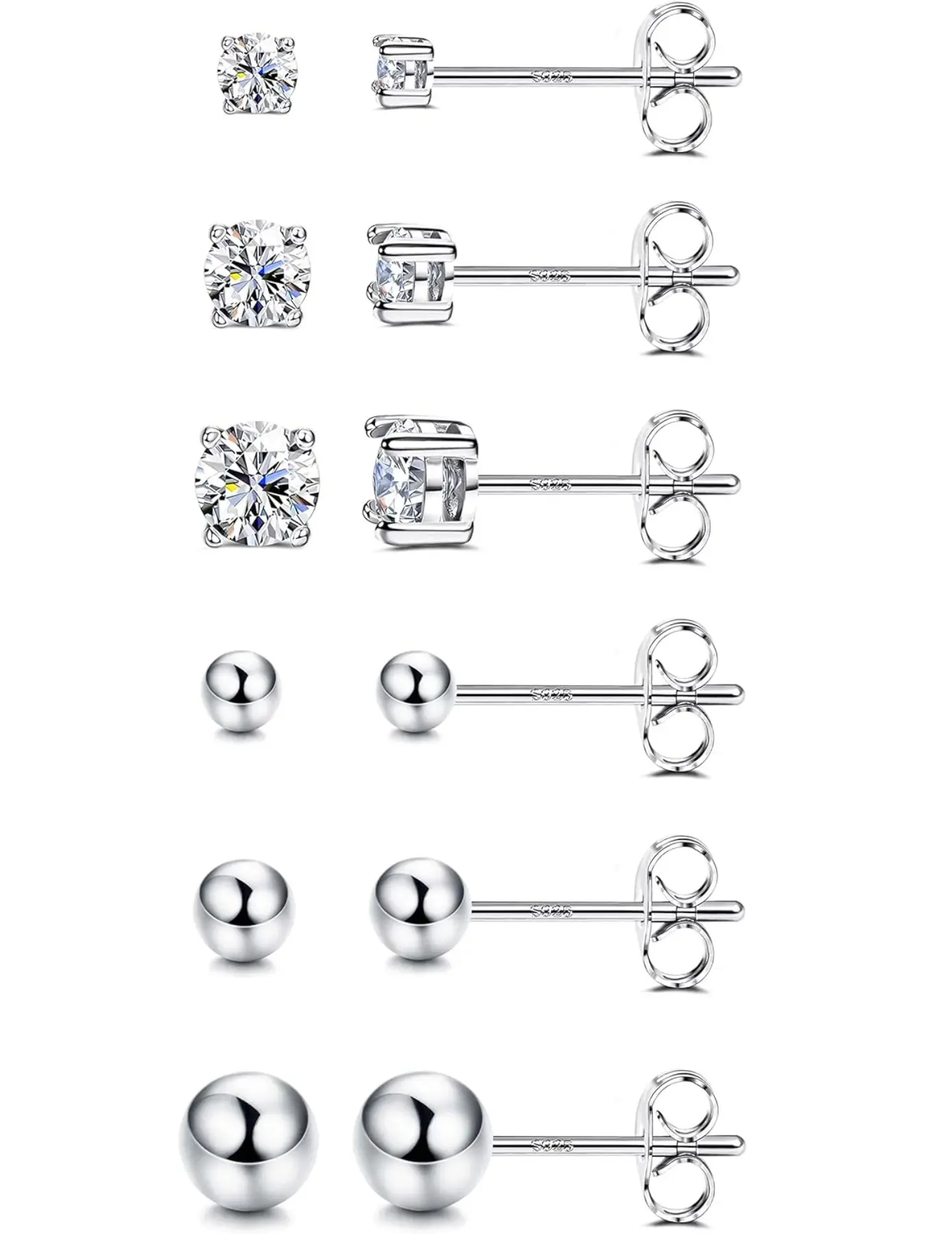 6 Pairs Sterling Silver Stud Earrings for Women, Cubic Zirconia Stud Earrings, Tiny Ball Stud Hypoallergenic Earrings, Small Tragus Cartilage Earrings Set for Men 2mm,3mm,4mm, Hypoallergenic Cz Earrings