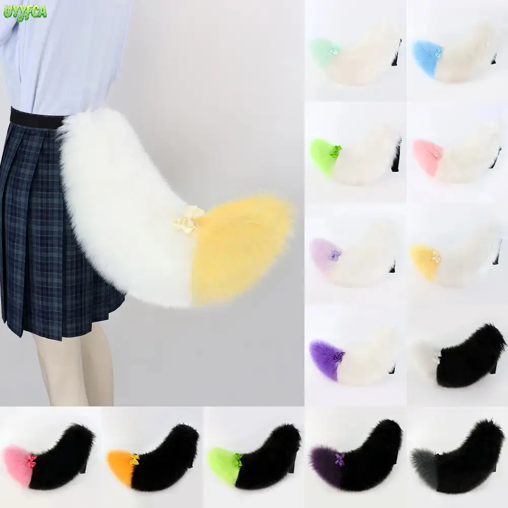 Cute Two Tone Faux Fur Fox Tail Cosplay Accessory With Satin Bow Clip,Whimsical Accessories, Large Fluffy Plush Animal Tail Waist Hanging Prop,Belt Clip Lolita Costume Decor For Anime Con Halloween Party Street Selfie Daily Kawaii Outfit Matching