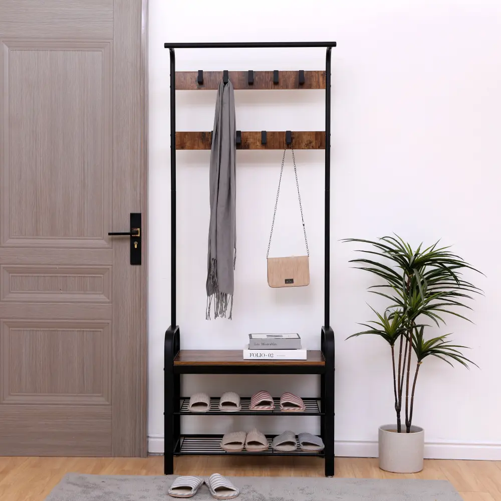 Coat Rack, Hall Tree with Shoe Bench for Entryway, Entryway Bench with Coat Rack, 4-in-1, with 9 Removable Hooks, a Hanging Rod, 13.8 x 25.2 x 72.8 Inches, Rustic Brown and Black