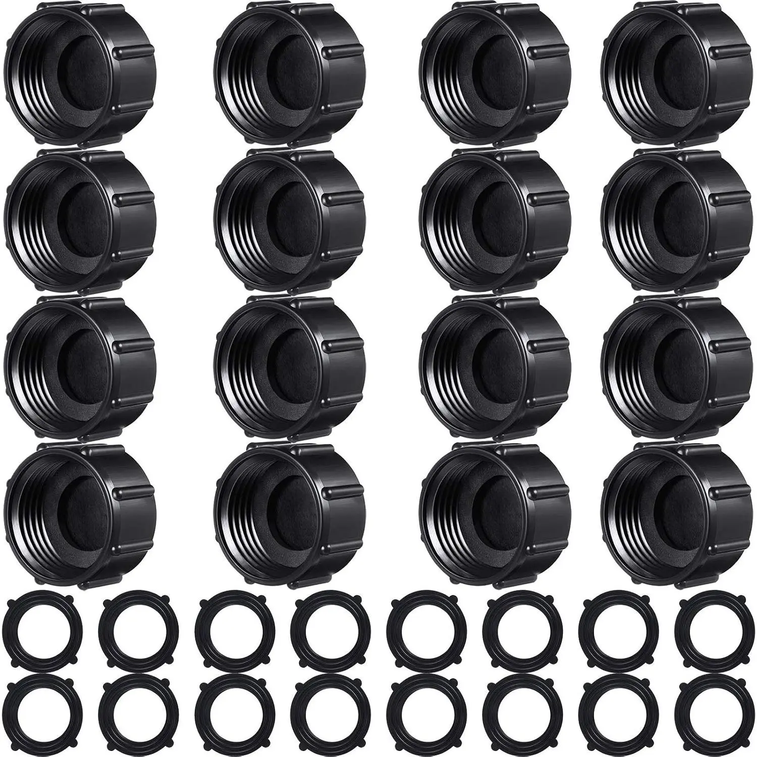 16 Pcs Garden Hose Caps Sprinkler Cap Plastic Garden Spigot Cover Female End Fitting Cover with 16 Pieces Gaskets for 3/4 Inch GHT Yard Hose (Black)