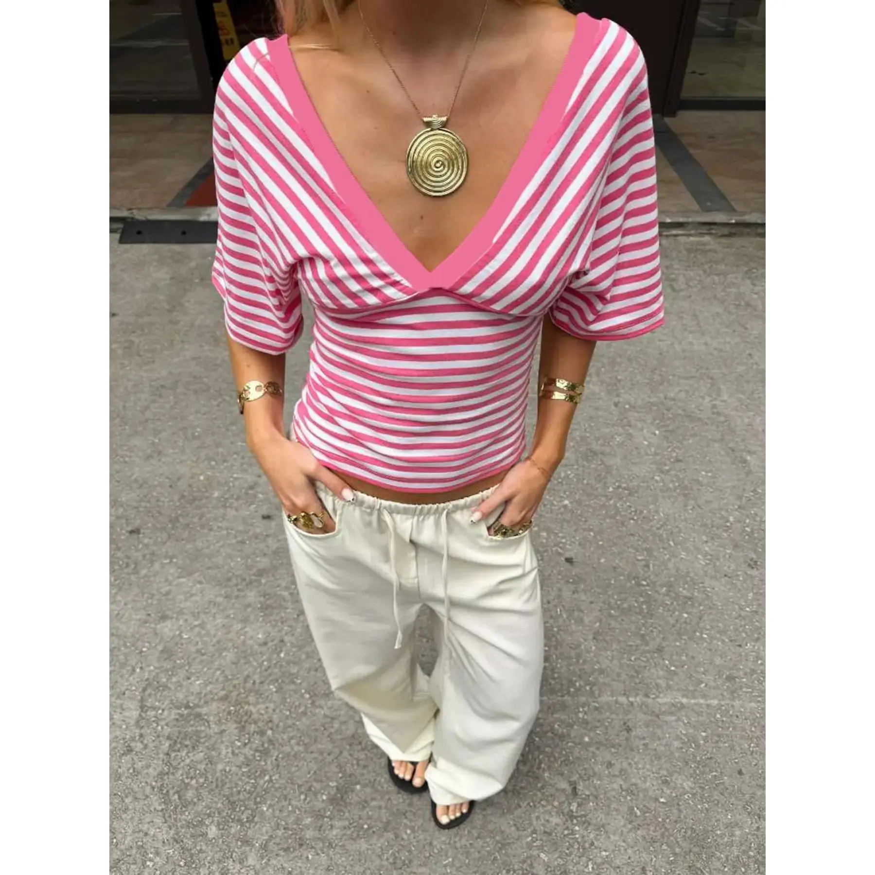 2026 Women's Slim Fit V-Neck Waist Cinch Striped Print Trendy T Shirt, Casual T Shirts, Fashion Short Sleeve Top, Casual Lady Clothing New