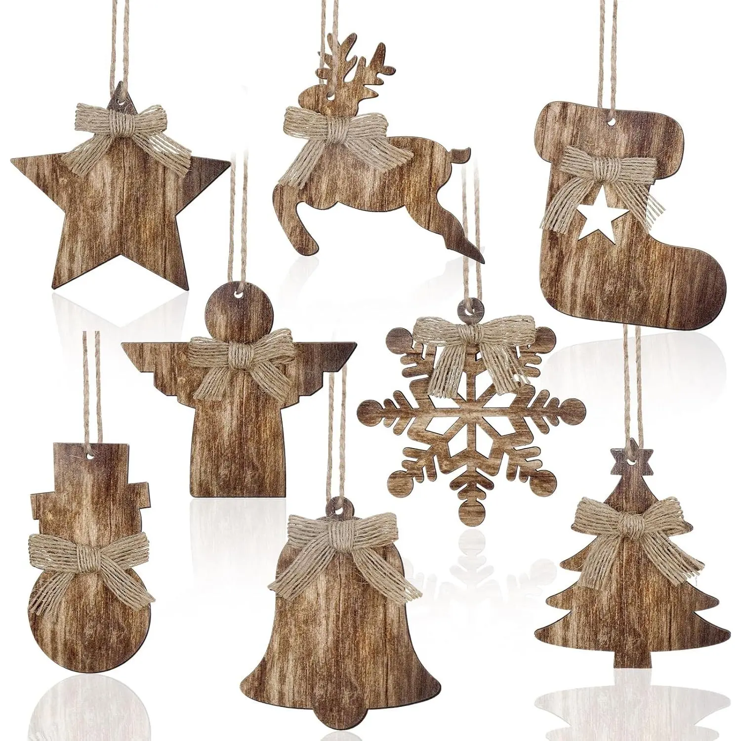 8 Pcs Rustic Christmas Tree Ornaments Wooden Farmhouse Ornaments Angle Snowflake Reindeer Tree Hanging Decor for Fireplace Xmas Home Office (Cute Style)