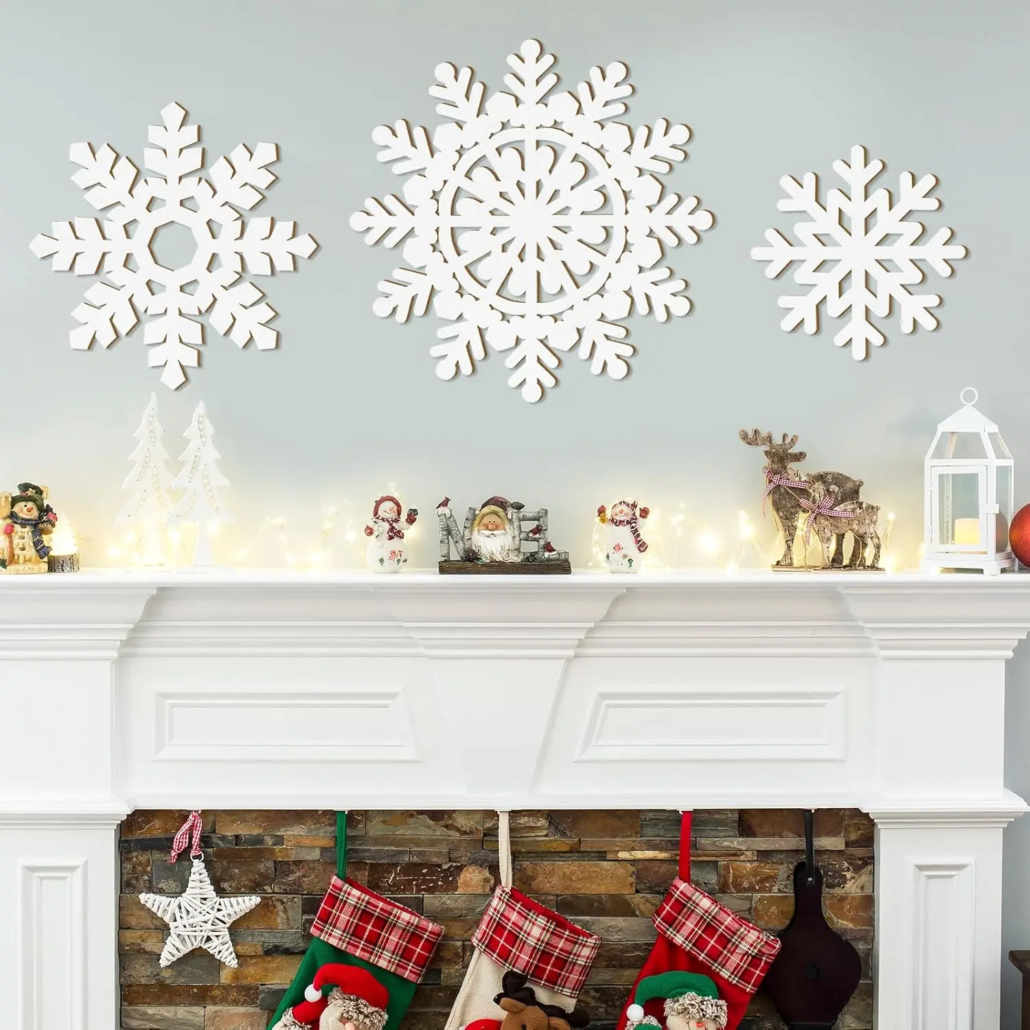 Wooden Large Snowflake Ornaments Sign Christmas Decorations 3Pack,  Hollow White Snowflakes Crafts Winter  Plaques Decorations 3 Size of Cutouts  Year Wall Bedroom Living Room Decoration