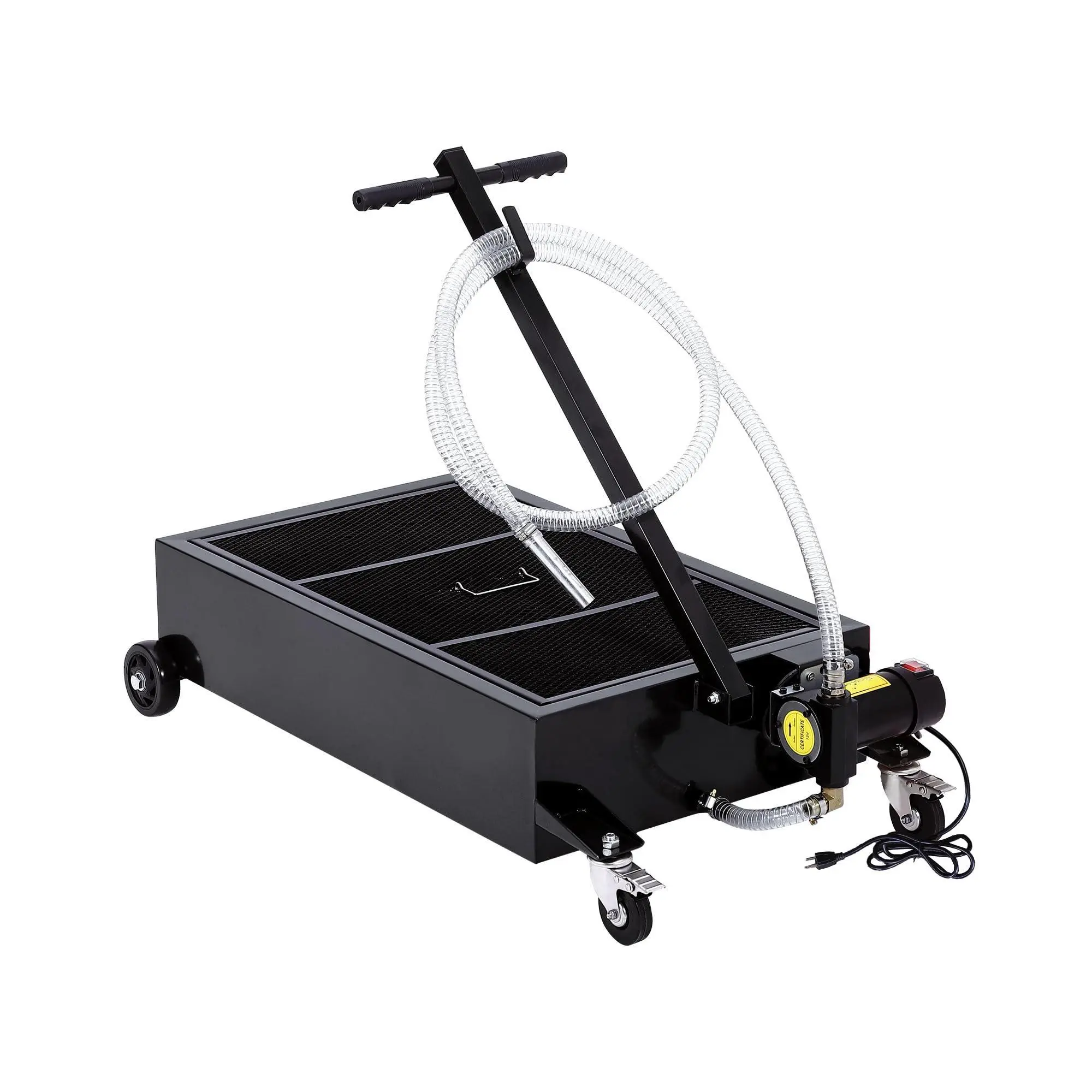 GARVEE Low Profile 25-Gallon Metal Oil Drain Pan with 110V 180W Electric Pump, 8FT Hose, and Folding Handle - Large Capacity for Cars, SUVs, Trucks, Buses, and RVs, Black