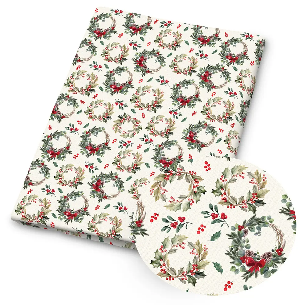 1pc Christmas Print Fabric - 59 X 19.68 Inches (150 X 50 Cm) Pre-Cut Polyester Fabric with Xmas Wreath, Poinsettia, Mistletoe And Holly Pattern - Suitable for Sewing, Scrapbooking, Tablecloths And Crafts