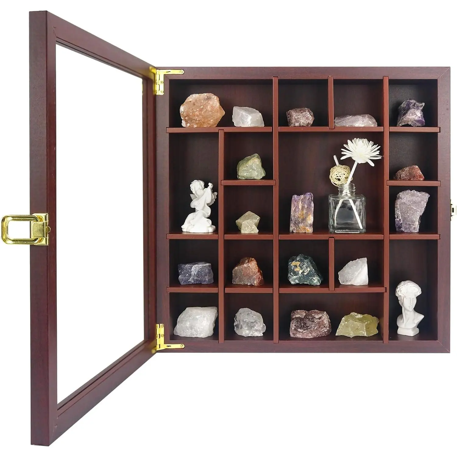 Rock Display Case Wall Mount Shadow Box with Shelves (Brown) | 13.5x13.5 adjustable rock collection box, holds  fossils and seashells, geology  for adults and
