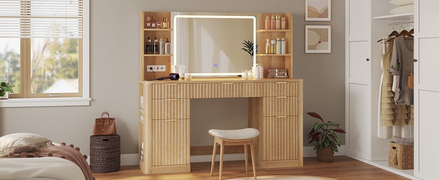 51.2 Inches Fluted Makeup Vanity with Mirror and Lights Oak