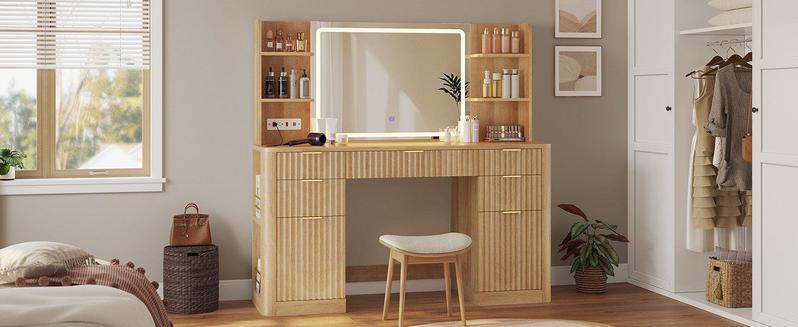 51.2 Inches Fluted Makeup Vanity with Mirror and Lights Oak