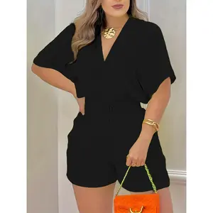 Women's Summer Denim Look Romper, Casual V Neck Short Sleeve Jumpsuit, High Waisted Elastic Drawstring Playsuit, Trendy Going Out Outfits Co-ord Matching Sets, Comfy Loose Linen Texture Bodysuit with Pockets