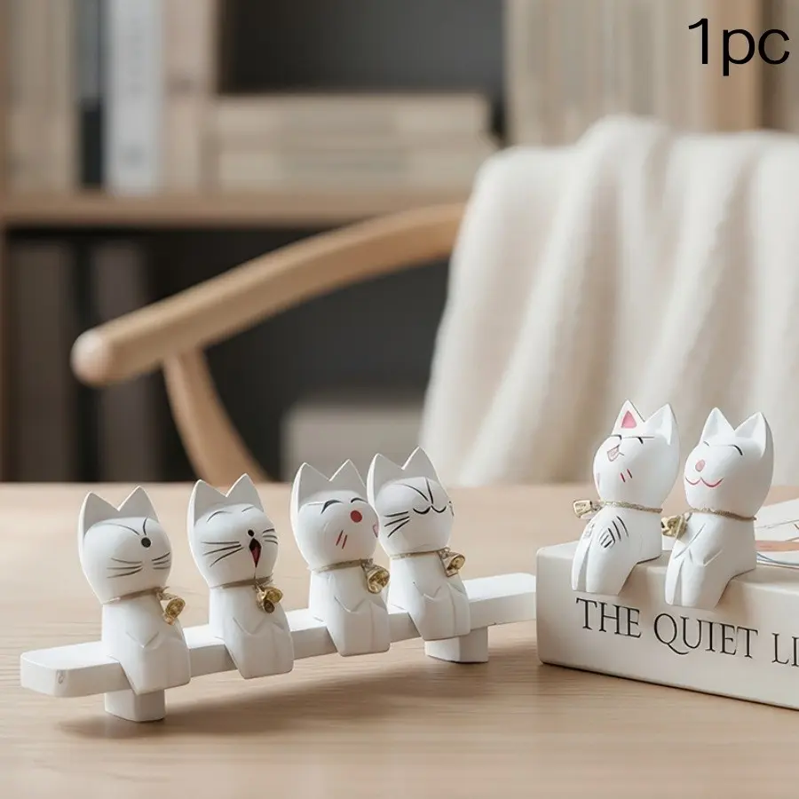 Wooden Bell Set with Six Small Cats, Desktop Decor for Home Living Room, Store Window Display, Shelf Decoration, Unique Kitchen Ornament