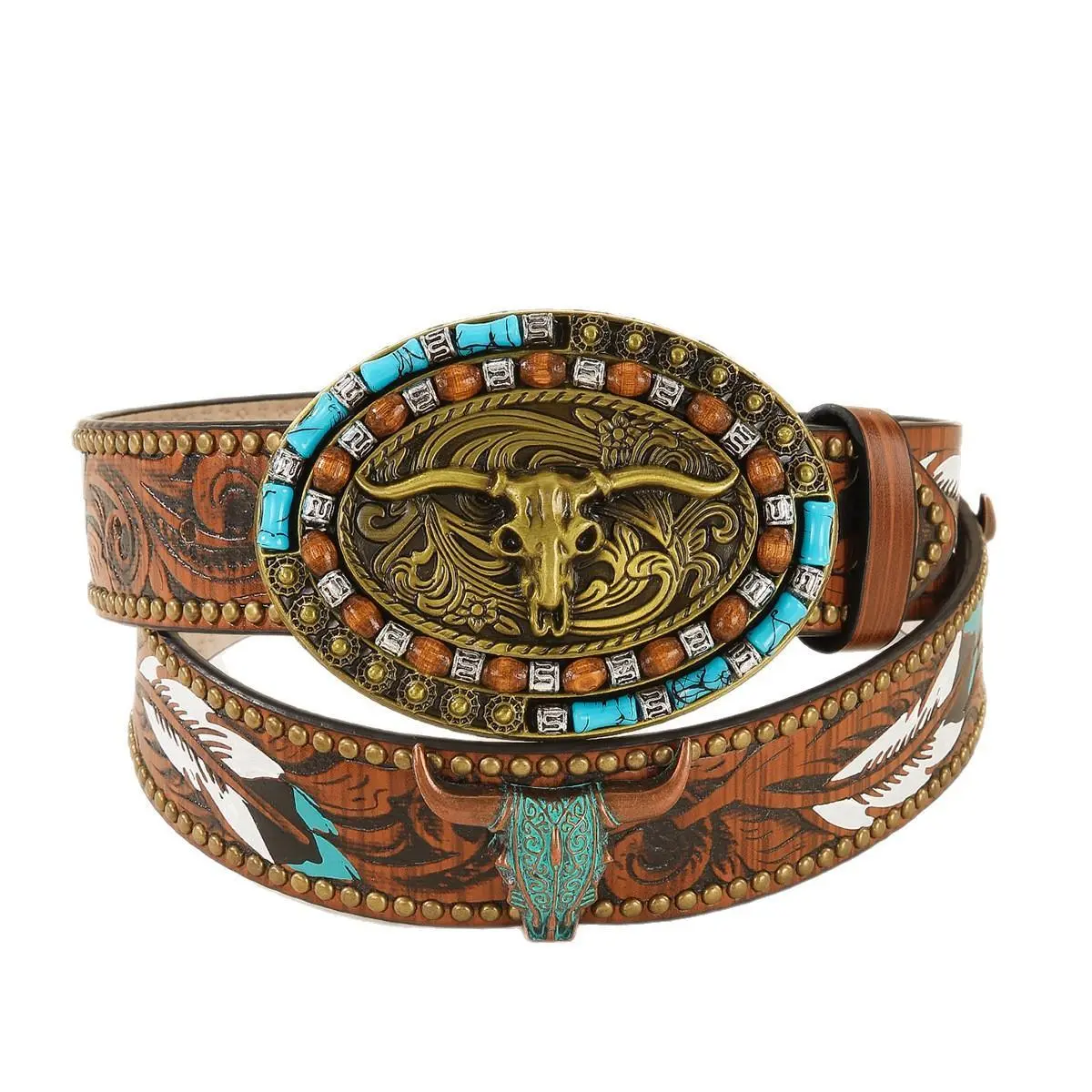 Men's Artisan Western Style Heavy-Duty PU Leather Belt - Embossed Feather Detail, Turquoise Bull Skull Snap Buckle, for Adults