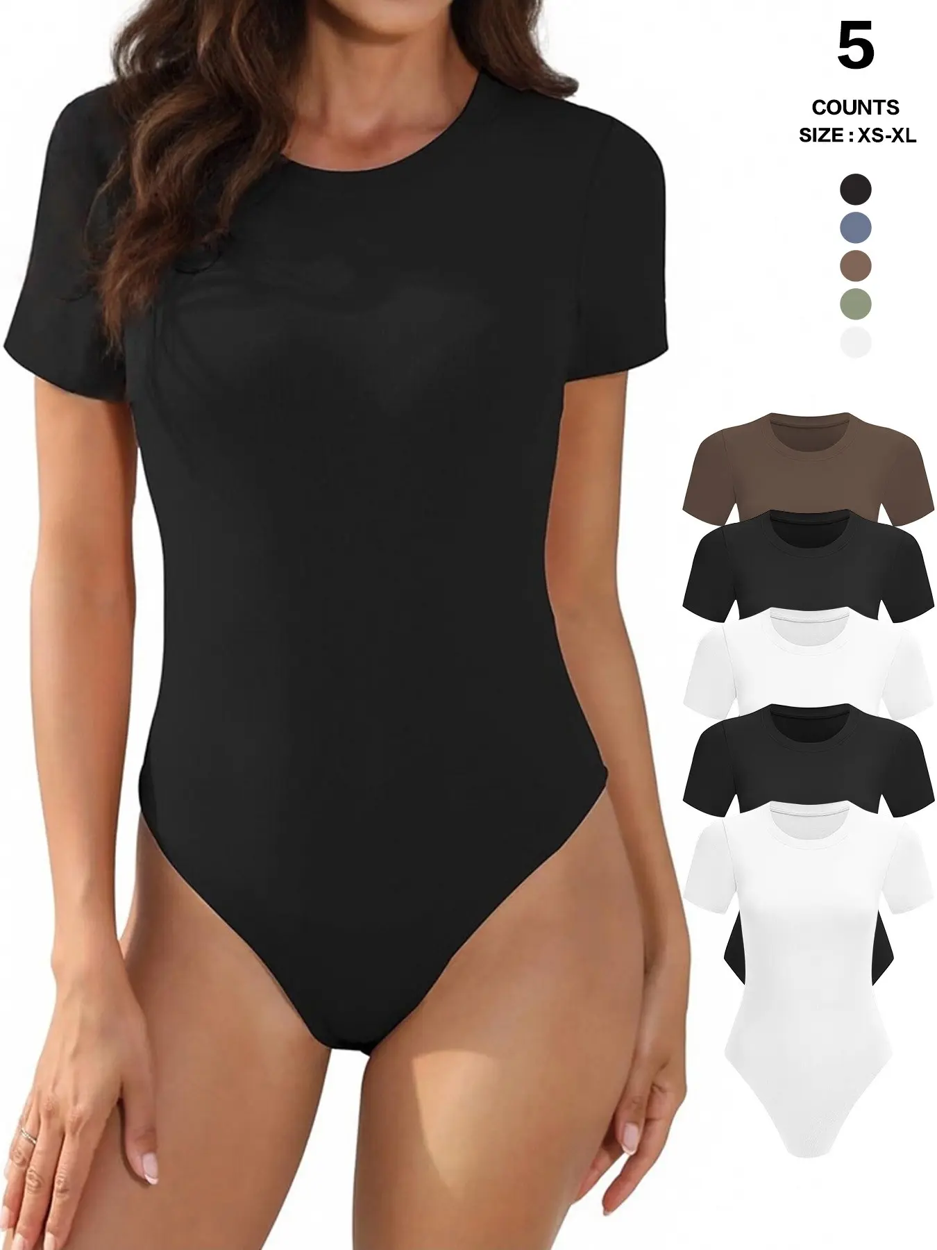 Body Suits for Womens Short Sleeve Round Neck Casual Stretchy Basic T Shirt Bodysuit Tops