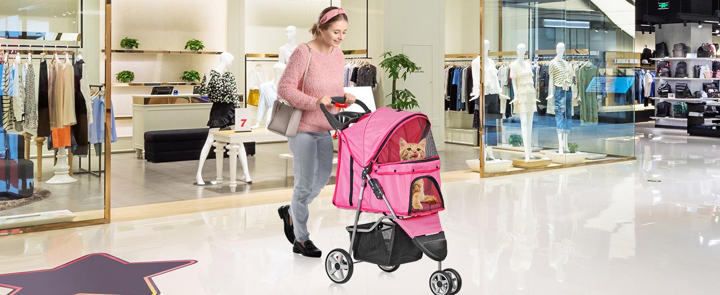 AGS Foldable Pet Stroller for Cats and Dogs 3 Wheels Carrier Strolling Cart with Weather Cover, Storage Basket + Cup Holder (Pink)