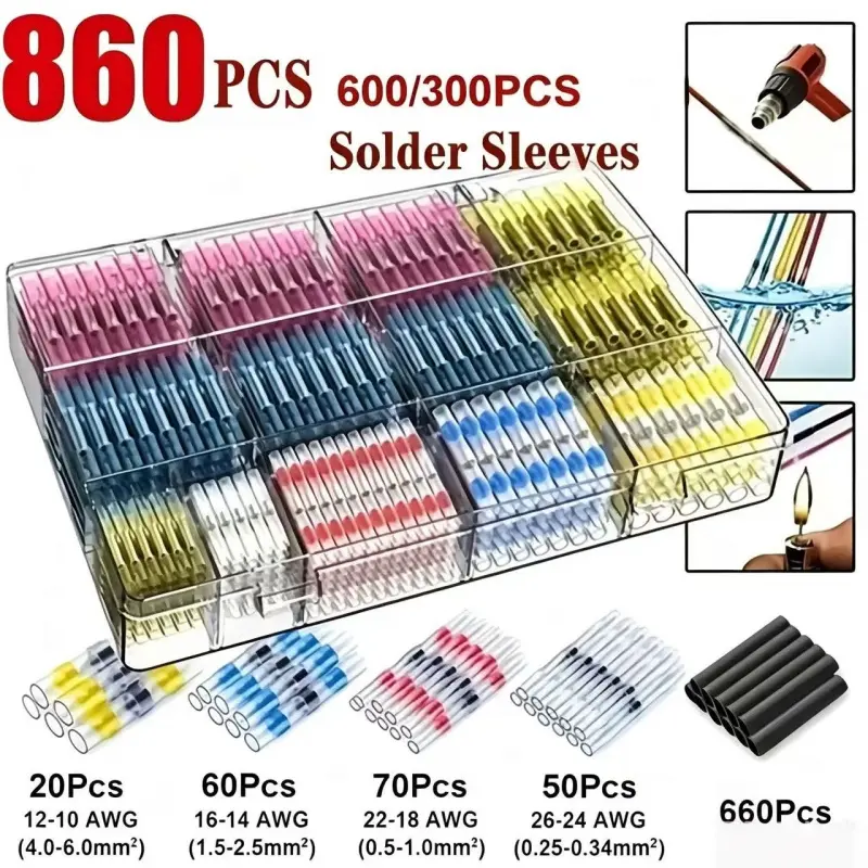 860pcs Solder Seal Wire Connectors, Solder Sleeves, Butt Connector, Insulated Electrical Butt Splice Wire Terminals, Wiring for Marine Automotive Boat Truck Wire Joint