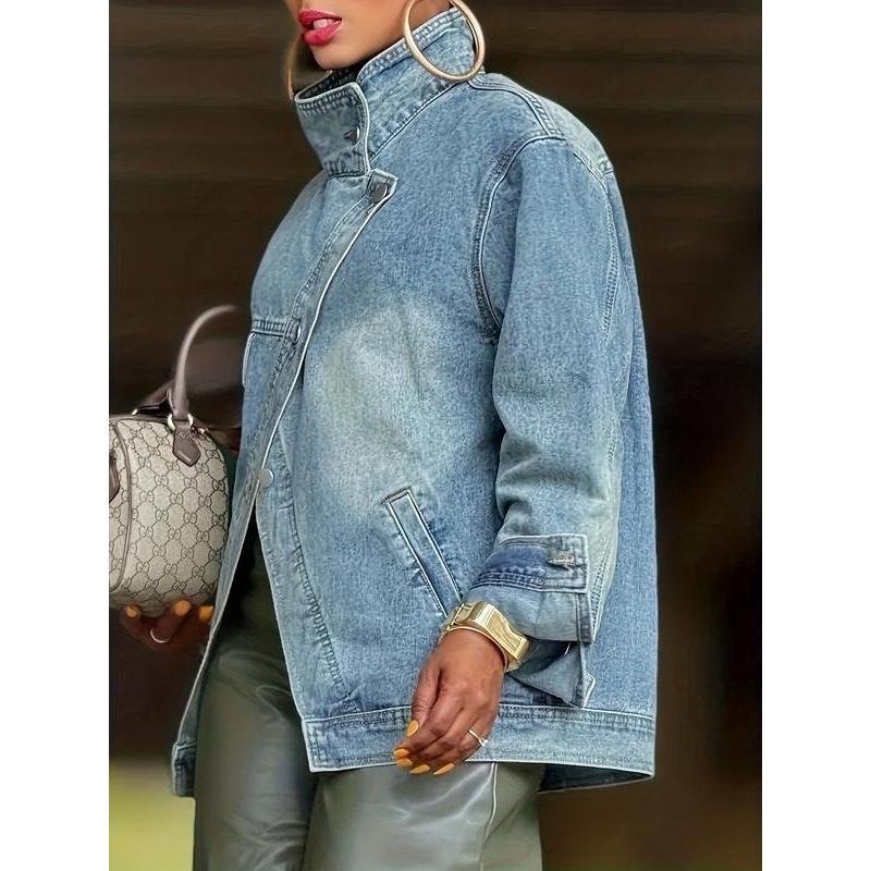 Women'S Vintage Washed High Neck Asymmetric Button Loose Denim Jacket Street Style Trendy Versatile Top For Spring Autumn Winter Seasons Coats....