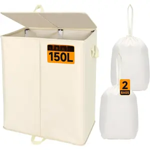 150L Double Laundry Hamper with Lid and Removable Bags,28in Tall Laundry Basket 2 Section,Large Dirty Clothes Hamper 2 Dividers for Bedroom,Laundry Room,Bathroom,Dorm Beige