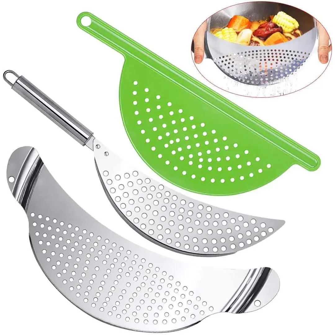 3 count Stainless Steel Pot Strainer, Crescent Pasta Strainer Fits up to 9" Pots for Noodles, Fruit, Veggies