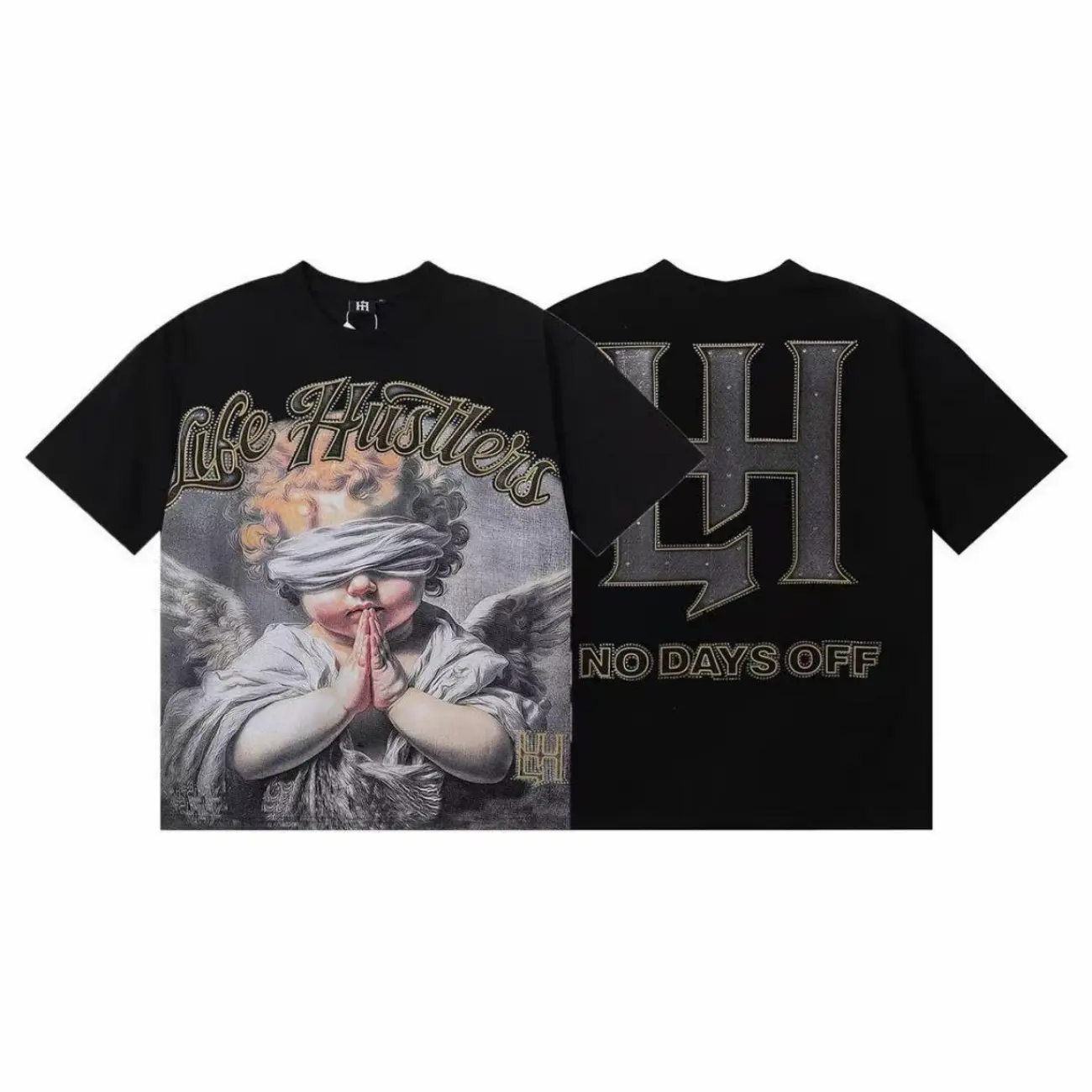Men's Life Hustlers Aesthetic Angel Graphic Tee - Rhinestone Letter Print Cotton, Baggy Basic Classic Short-Sleeve Streetwear Hip Hop Oversized Casual Top