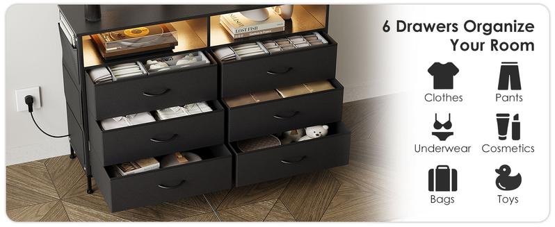 6 Drawer Dresser for Bedroom with LED Lights and Charging Station, Modern Wood Dressers with Extra Side Bag, Double Wide Drawer Cabinet TV Stand for up to 60" TV for Living Room (Black)
